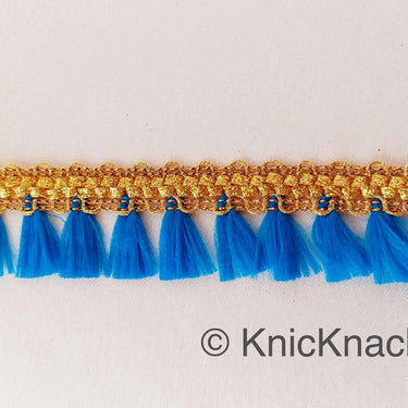 Blue Tassels Trim, Gold Fringe Trim, Beaded Trim
